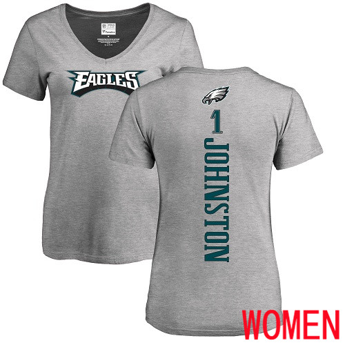 Women Philadelphia Eagles #1 Cameron Johnston Ash Backer V-Neck NFL T Shirt->nfl t-shirts->Sports Accessory